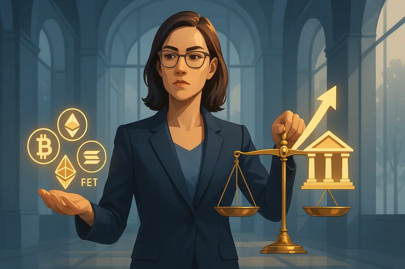 Economist balancing crypto and rising mortgage rates in modern atrium