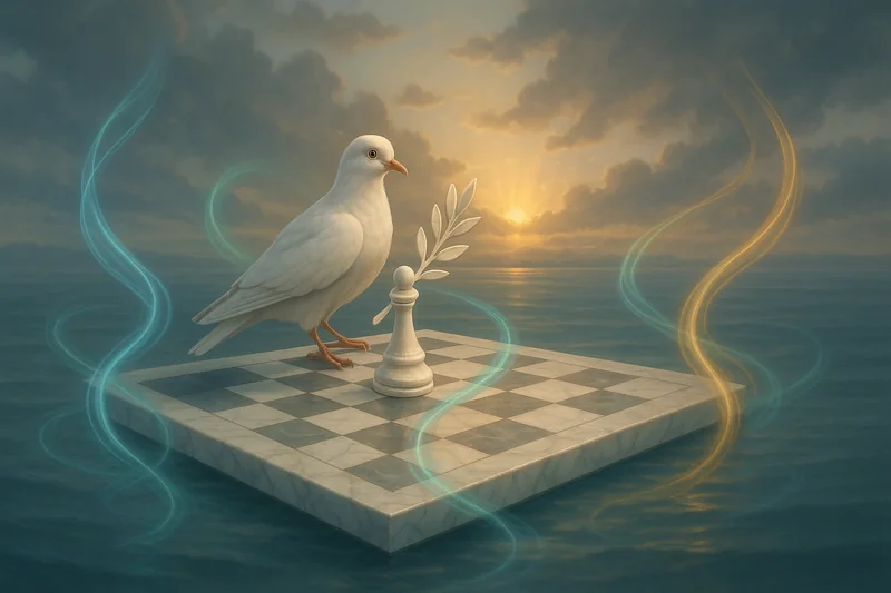 Symbolic chessboard with dove and glowing AI asset streams at dawn