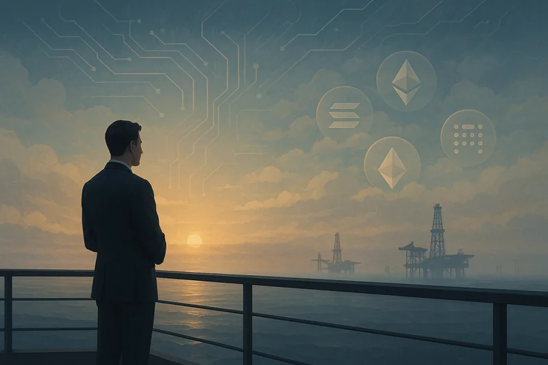 Contemplative figure overlooking dawn horizon with AI circuits and crypto symbols
