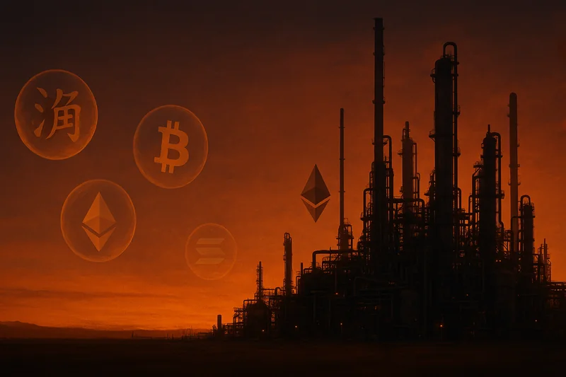 Saudi oil refinery at sunset with hovering spheres symbolizing Asian currencies and crypto assets