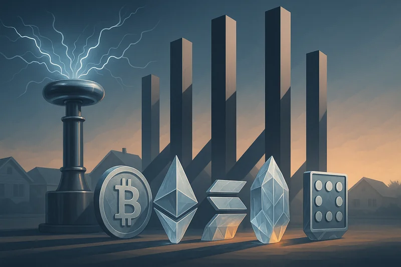Stylized illustration symbolizing rising yields, energy tension, and crypto regulation
