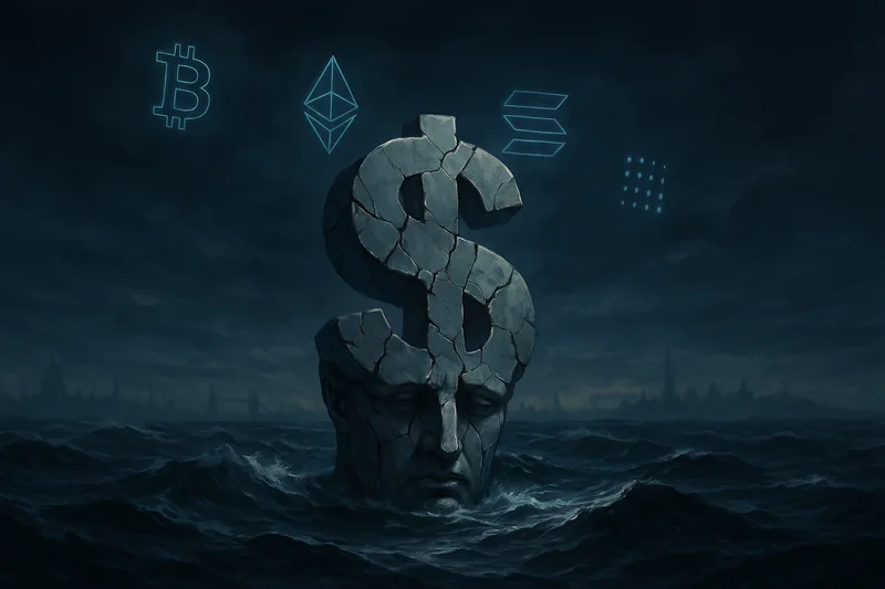 Fractured US dollar statue submerged amid turbulent ocean and floating crypto icons