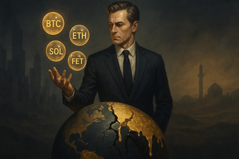 Man balancing glowing crypto orbs above cracked gold and oil globe symbolizing geopolitical volatility