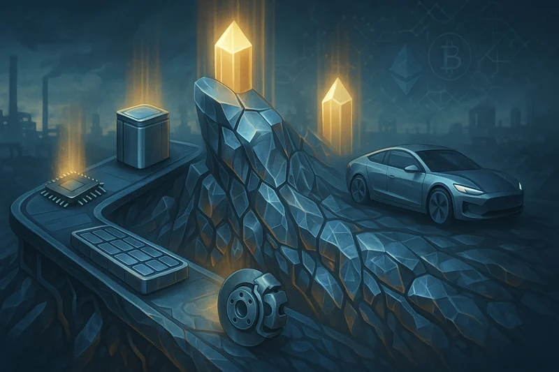 Illustration of EV supply chain repricing with glowing minerals and tech components