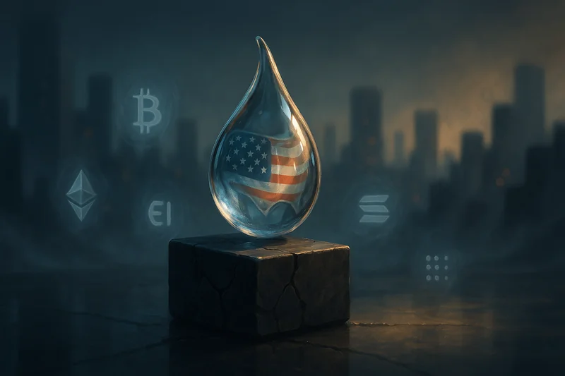Glass water droplet sculpture balancing on cracked pedestal with floating crypto symbols