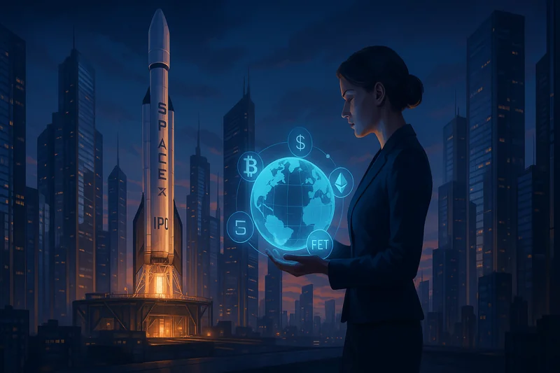 Futuristic cityscape with rocket and digital globe showing crypto symbols