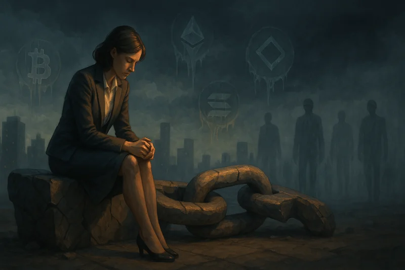 Contemplative woman amid symbolic financial stress and sectoral frictions illustration