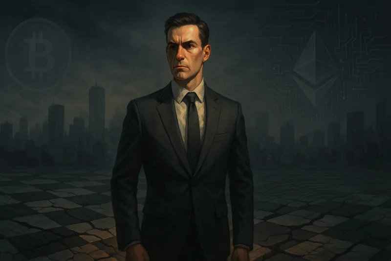 Stoic analyst on shifting chessboard with crypto shadows and city-circuit backdrop