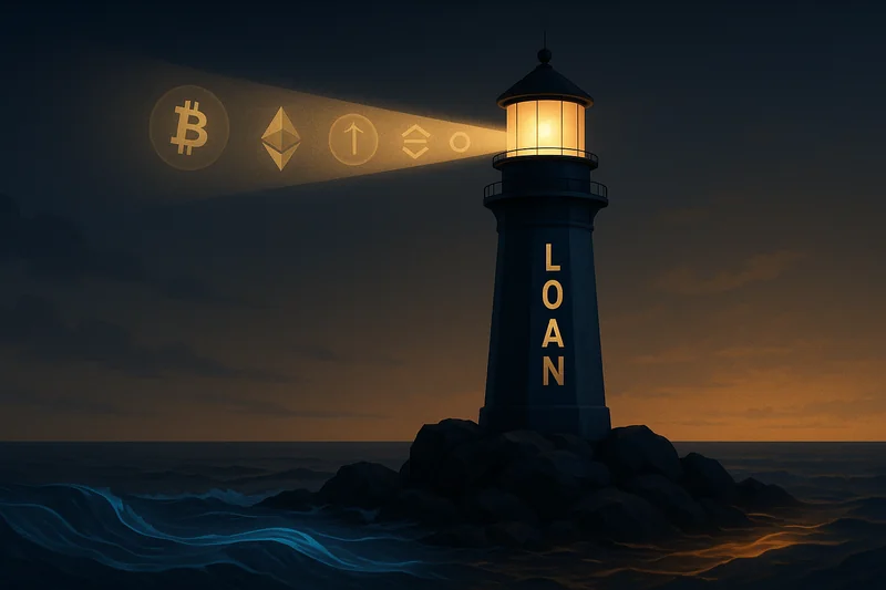 Financial lighthouse amid calm waves symbolizing stable loans and rising tech momentum