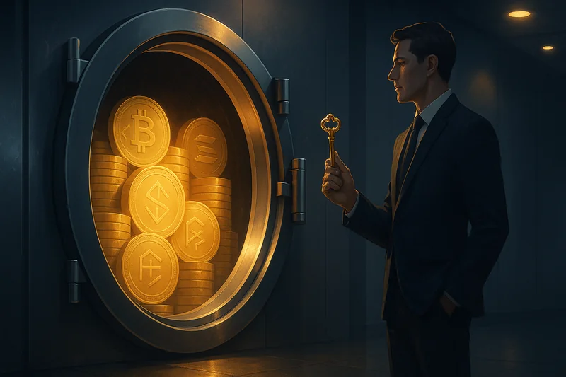 Business figure with key before glowing crypto vault, symbolizing high yields