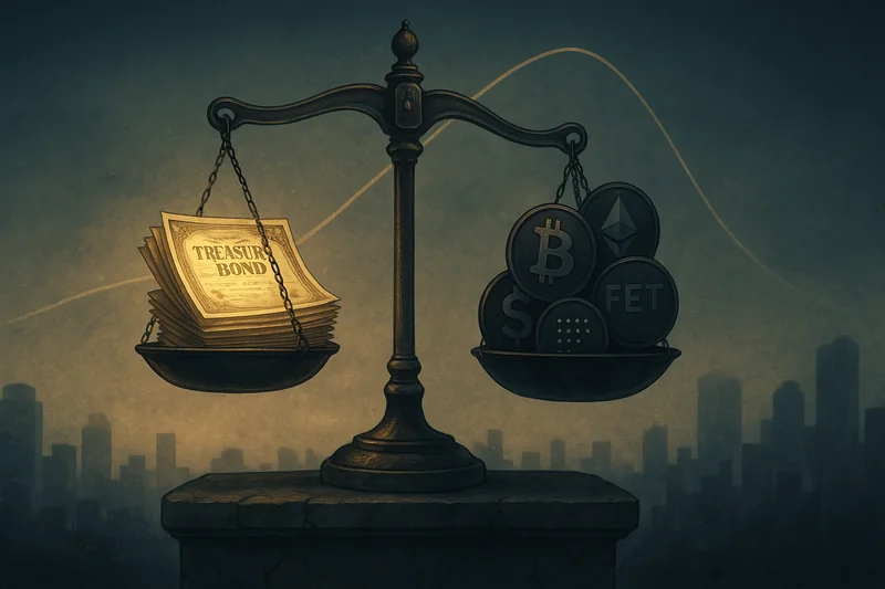 Vintage scale balancing US Treasury bonds against fading crypto tokens at twilight