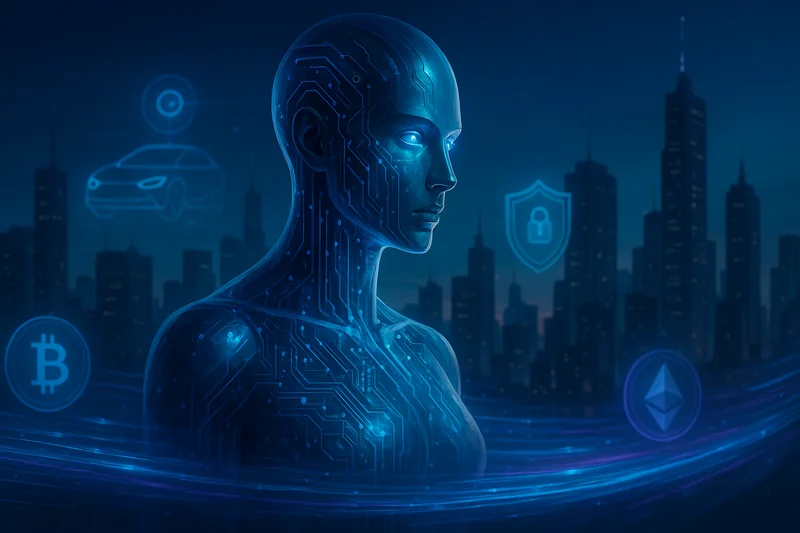 Futuristic AI humanoid with tech city and glowing crypto symbols at twilight