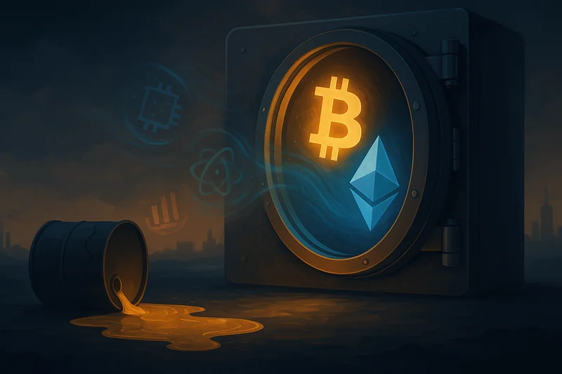 Futuristic vault glowing with Bitcoin and Ethereum surge amid oil shock symbolism