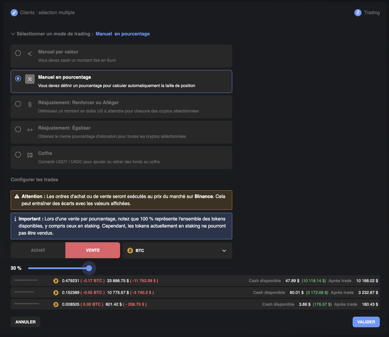 Choix du mode de trading multi-clients