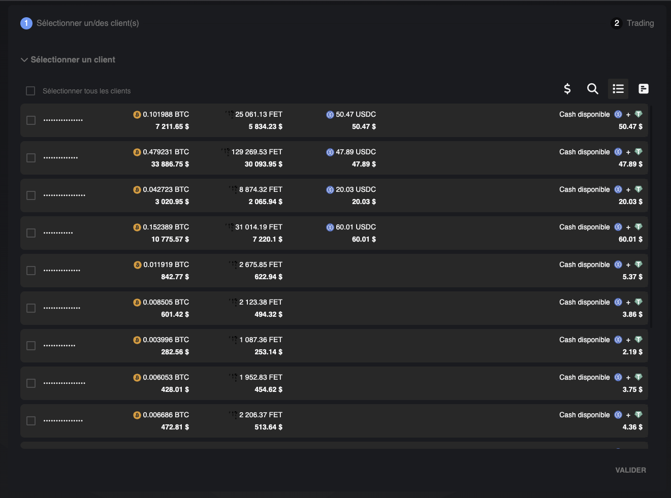 Sélection multi-clients avant trading